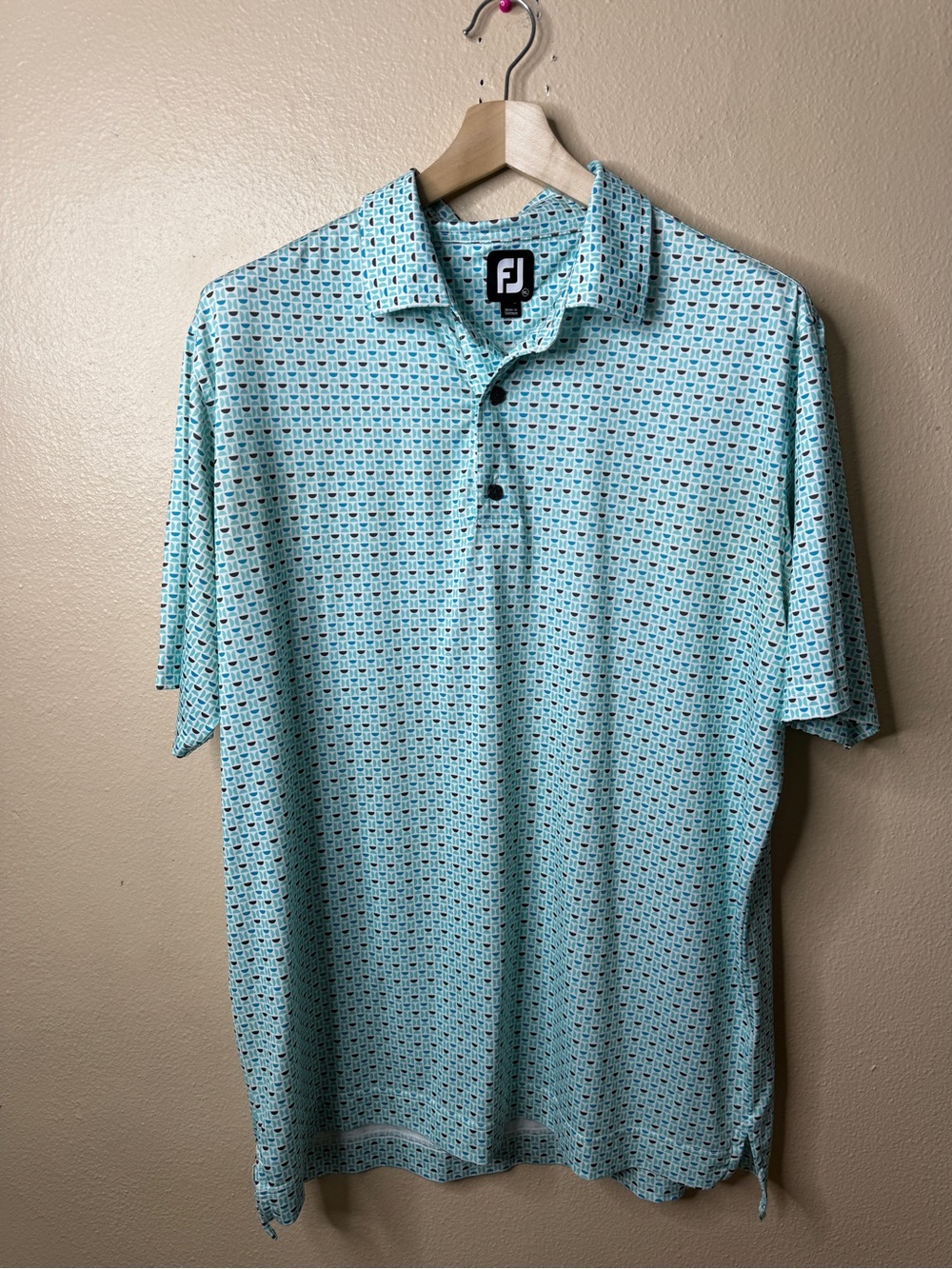 FootJoy FJ Men’s XL Golf Polo Shirt Blue Geometric Print Short Sleeve Preppy